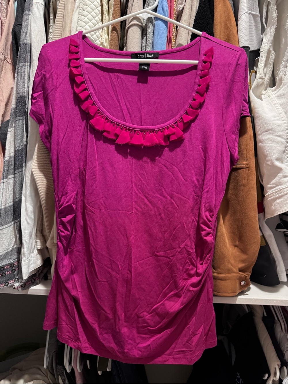 White House Black Market Fuchsia Ruffle Scoop Neck Tee